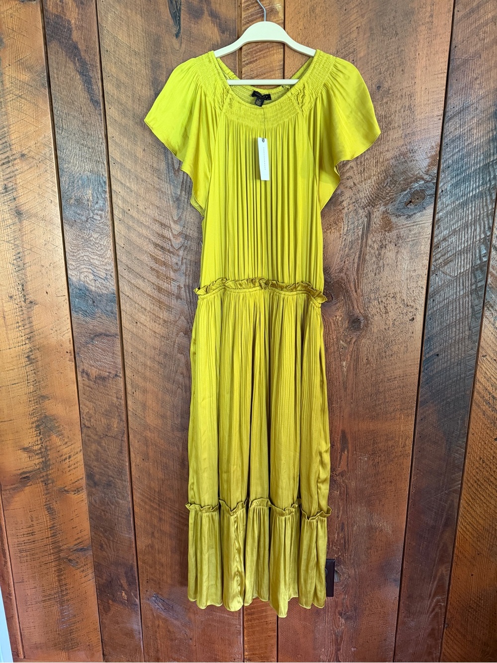 NWT Anthropologie Current Air Chartreuse Pleated Smocked Maxi Dress Size M Boho